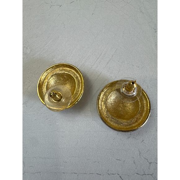 Vintage Monet 90s Blue and‎ Gold Tone Round Earrings - Picture 2 of 4